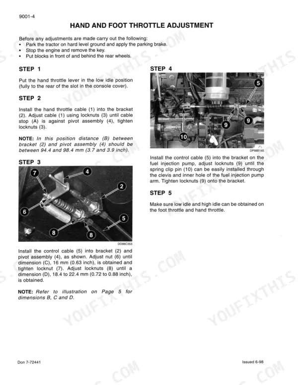 Case MX80C, MX90C, MX100C tractor hand and foot throttle adjustment steps with cable and locknut photos and measurement notes