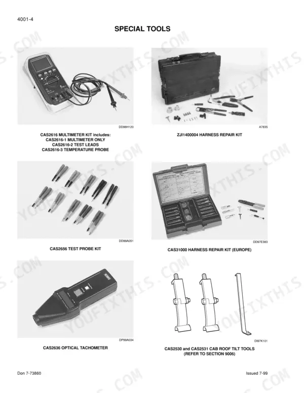 Case MX80C, MX90C, MX100C tractor electrical special tools page with multimeter kit, harness repair kits, test probes, optical tachometer and cab lifting tools