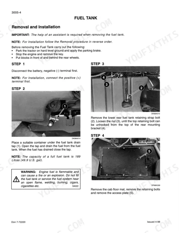 Case MX80C, MX90C, MX100C tractor fuel tank removal and installation steps with drain, strap and mounting bracket photos
