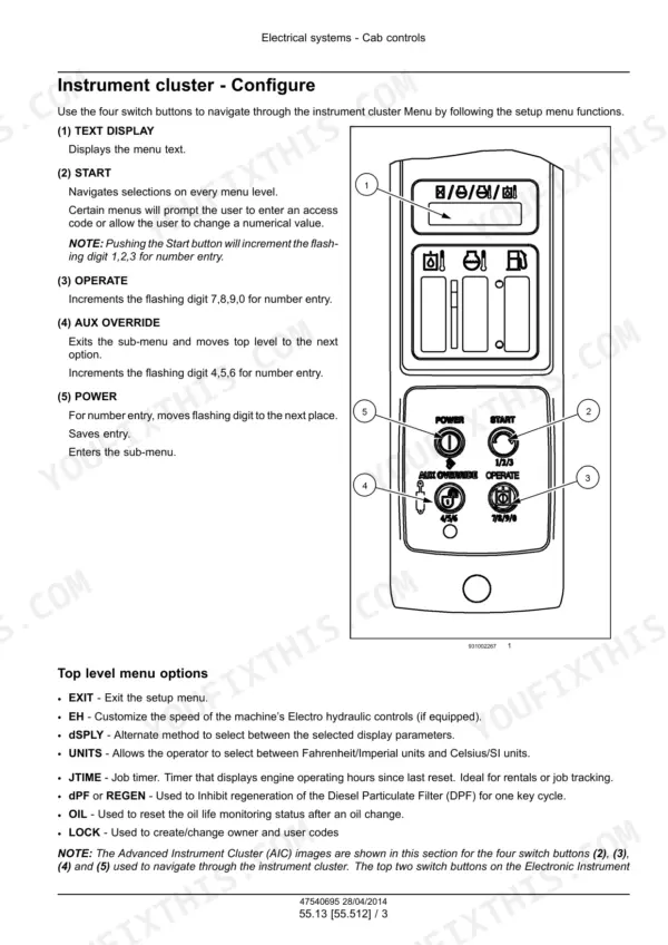 Case_SR220_SR250_SV250_SV300_TR320_TV380_Alpha_Series_Tier_4A_Skid_Steer_Compact_Track_Loader_Service_Manual_47540695.pdf-battery-lighting-and-cab-controls-1171-1.webp Case skid steer service manual page: instrument cluster configuration, switch diagram and menu setup steps