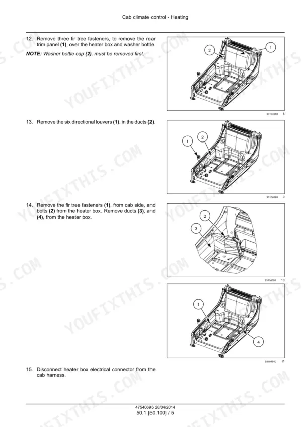 Case skid steer service manual page: cab heater removal steps with duct illustrations