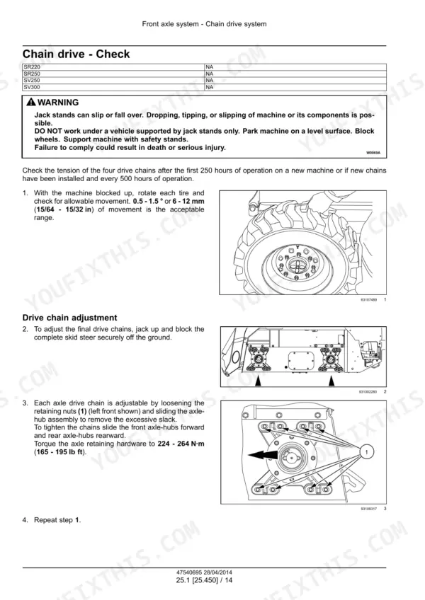 Case skid steer service manual page: chain drive check with illustrated chain tension and adjustment procedure