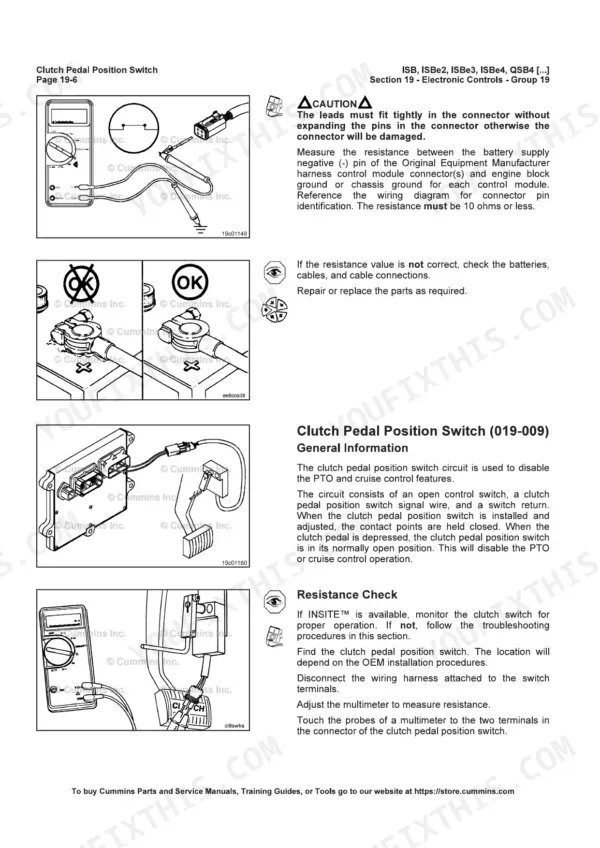 Cummins_ISB_ISC_ISL_QSB_QSC_QSL9_CM850_Engine_Troubleshooting_and_Repair_Manual_4021416.pdf-electronic-controls-group-19-2887.webp Cummins CM850 engine Clutch pedal position switch resistance check with a multimeter, Group 19 electronic controls