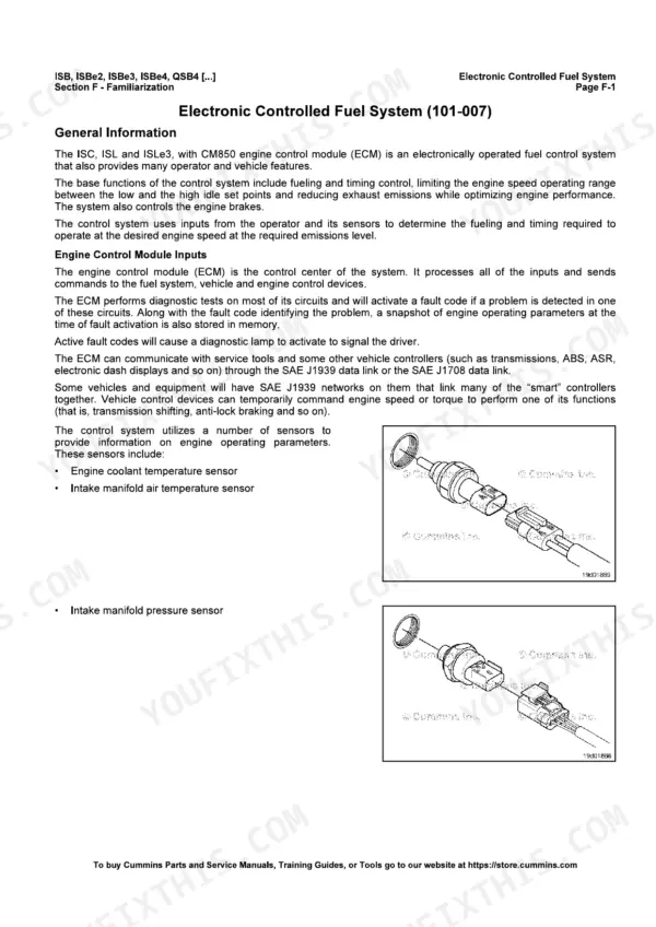 Cummins CM850 engine Electronic controlled fuel system overview with ECM inputs and sensor illustrations