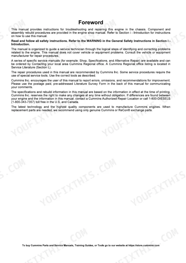Cummins CM850 engine Foreword explaining how the troubleshooting and repair manual is organized