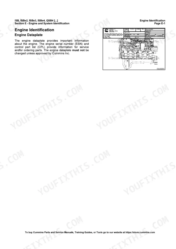 Cummins CM850 engine Identification page showing the engine dataplate and its location