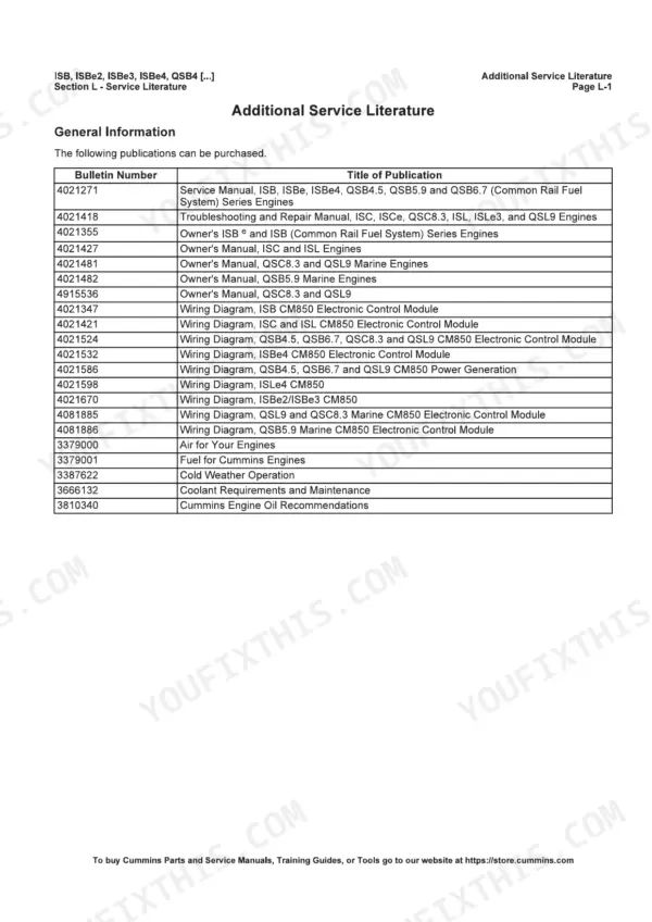 Cummins CM850 engine service literature list, page 3214