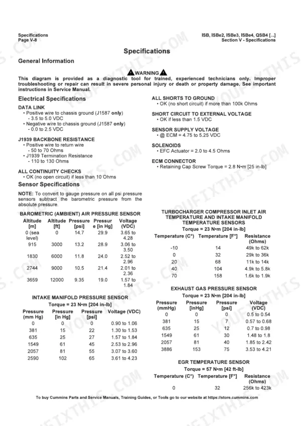 Cummins CM850 engine Electrical specifications and pressure and temperature sensor tables