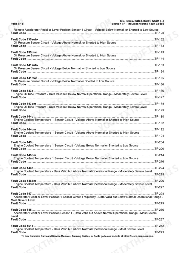 Cummins CM850 engine Fault code contents list for the sensor circuit troubleshooting trees