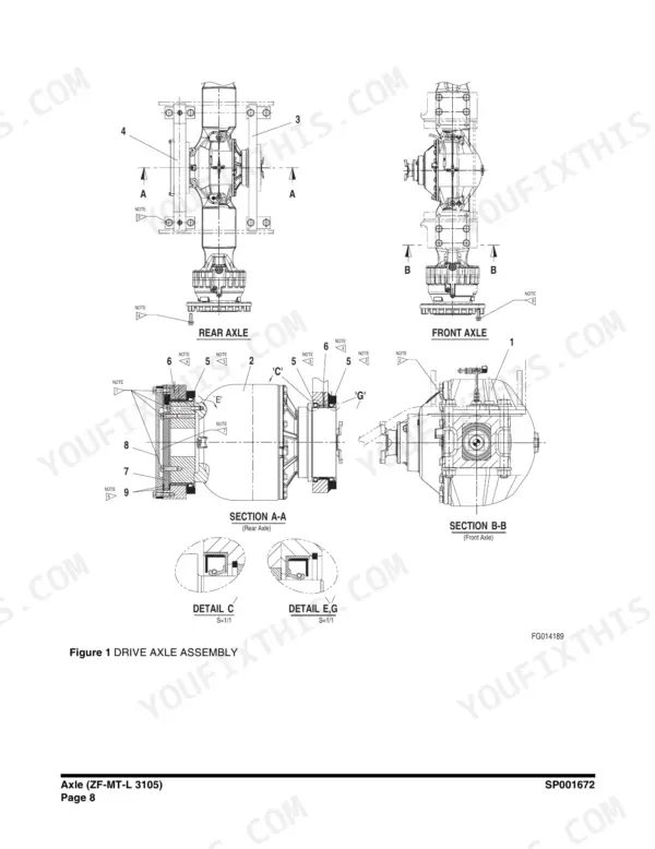 Doosan_DL450_Shop_Manual_Wheel_Loader_K1039661E.pdf-axles-and-drive-shaft-560.webp Doosan DL450 wheel loader Drive axle assembly (ZF MT-L 3105): rear and front axle sections with details