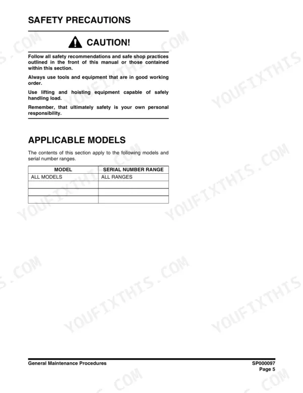 Doosan DL450 wheel loader Safety precautions and applicable models for general maintenance procedures
