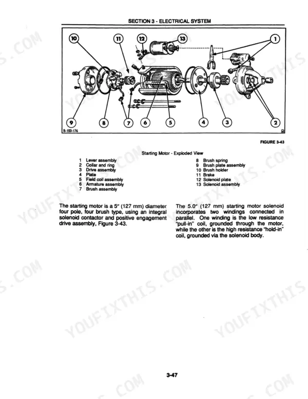 Ford 455D to 675D backhoe loader starting motor exploded view