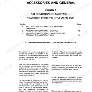 Ford TW and 8530 to 8830 air conditioning systems for tractors prior to November 1985, chapter contents