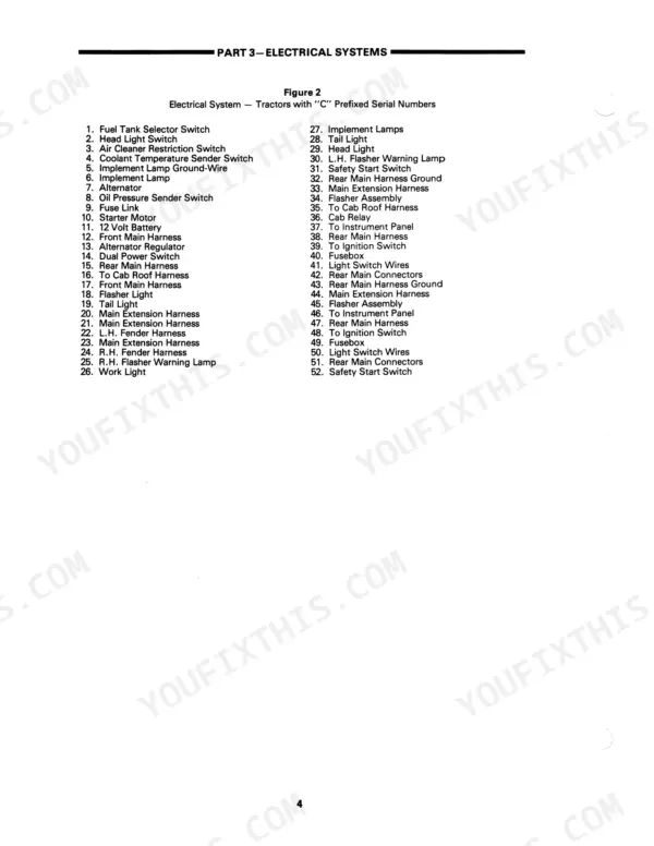 Ford TW and 8530 to 8830 electrical system for tractors with C prefixed serial numbers
