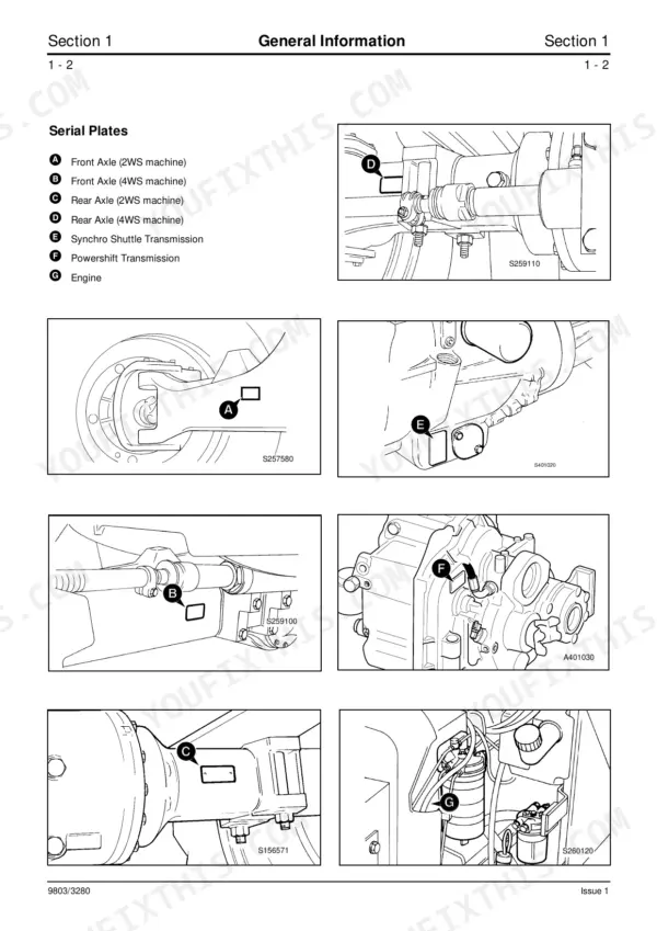 JCB 3CX backhoe loader serial plates locations on front and rear axles for 2WS and 4WS machines (Section 1 General Information)