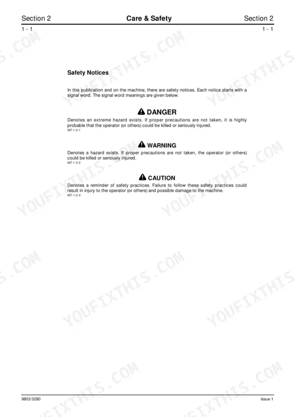 JCB 3CX backhoe loader safety notices and signal words (Section 2 Care and Safety)