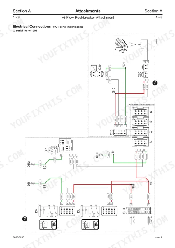 JCB 3CX backhoe loader Hi-Flow rockbreaker attachment electrical connections, non-servo machines (Section A Attachments)