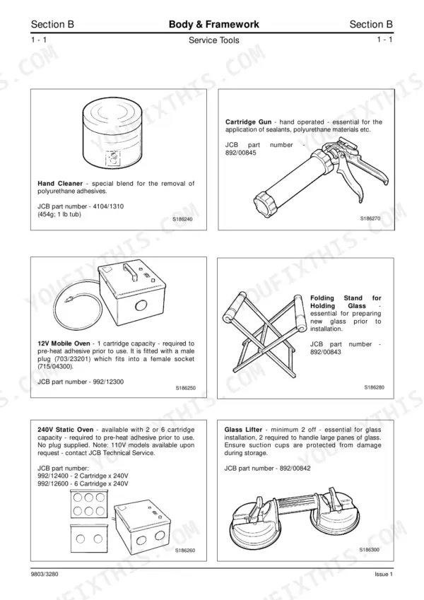 JCB 3CX backhoe loader body and framework service tools (Section B)