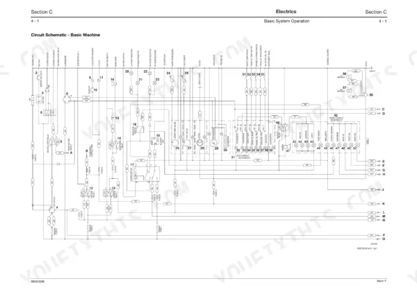JCB 3CX backhoe loader circuit schematic, basic machine, battery, starter and thermostart circuit (Section C Electrics)