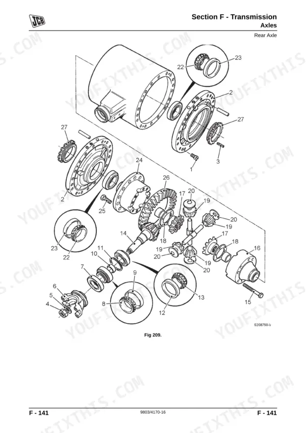 JCB 412S, 414S, 416S wheel loader exploded drawing of the rear axle assembly with numbered parts, Fig 209