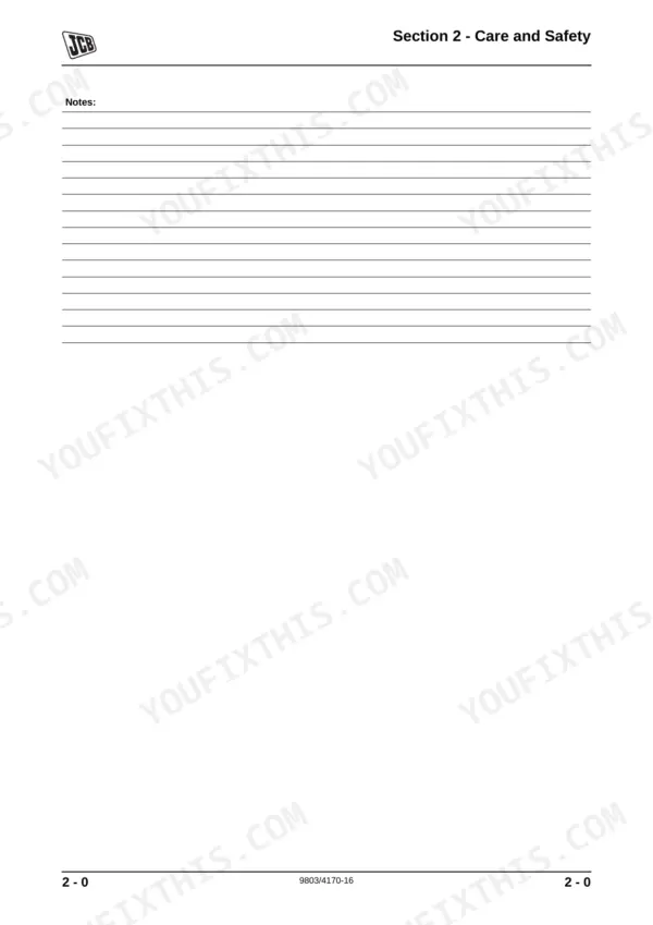 JCB 412S, 414S, 416S wheel loader notes page opening section 2 care and safety