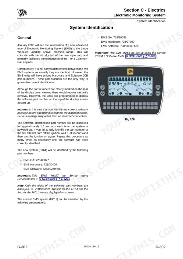JCB 412S, 414S, 416S wheel loader electronic monitoring system identification page listing EMS GA and hardware part numbers