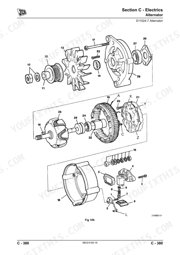 JCB 426, 435, 436, 446 wheel loader S11524-7 alternator illustration