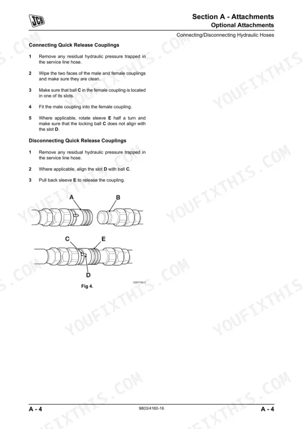 JCB 426, 435, 436, 446 wheel loader connecting quick release couplings on hydraulic hoses