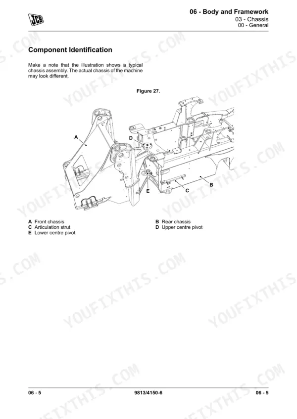 JCB 457 wheel loader chassis component identification with articulation pivots