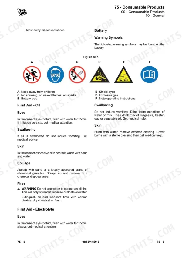 JCB 457 wheel loader battery warning symbols and first aid for oil