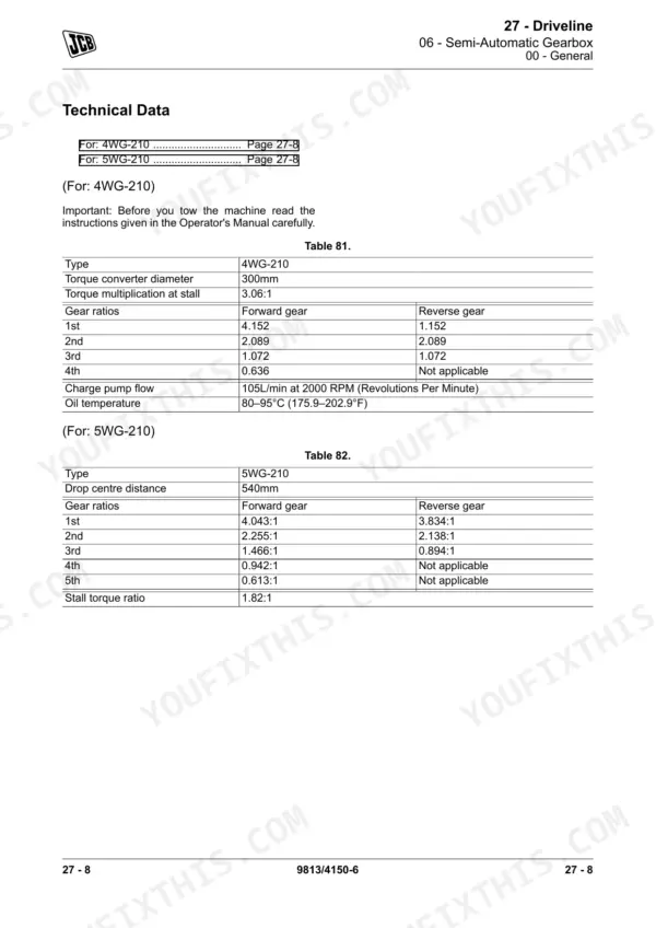 JCB 457 wheel loader 4WG-210 and 5WG-210 gearbox technical data and gear ratios