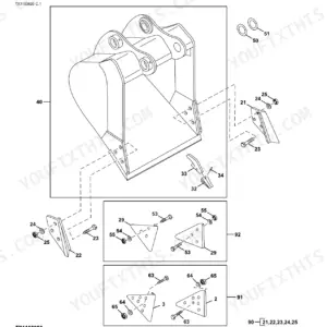 John Deere 200D LC excavator exploded view of a general purpose high capacity bucket with vertical tooth pin retention