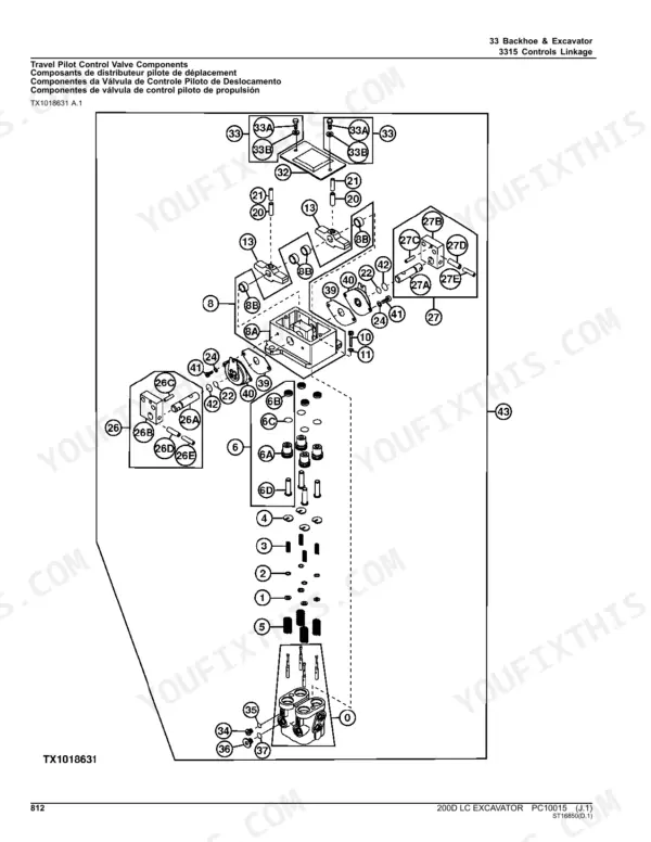 John Deere 200D LC excavator exploded view of travel pilot control valve components