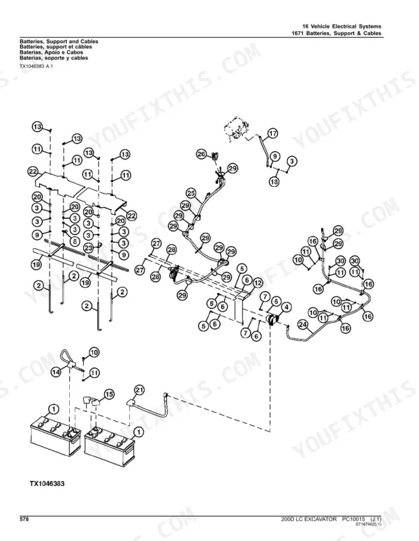 John Deere 200D LC excavator exploded view of batteries, battery support and cables