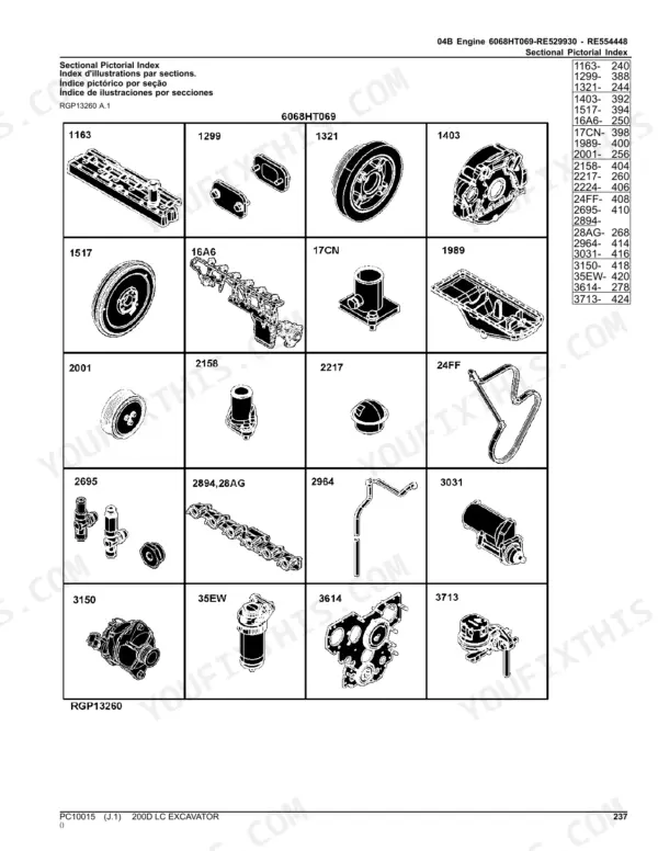 John Deere 200D LC excavator sectional pictorial index of 6068HT069 engine part groups