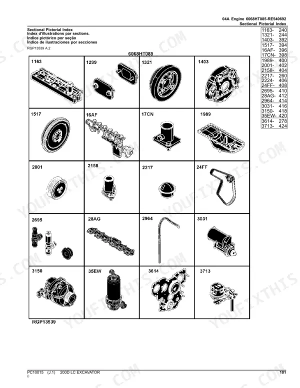 John Deere 200D LC excavator sectional pictorial index of 6068HT085 RE540692 engine part groups