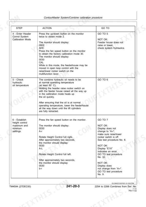 John Deere 2254-2266 combine ContourMaster header calibration mode steps (from S.N. 068569)