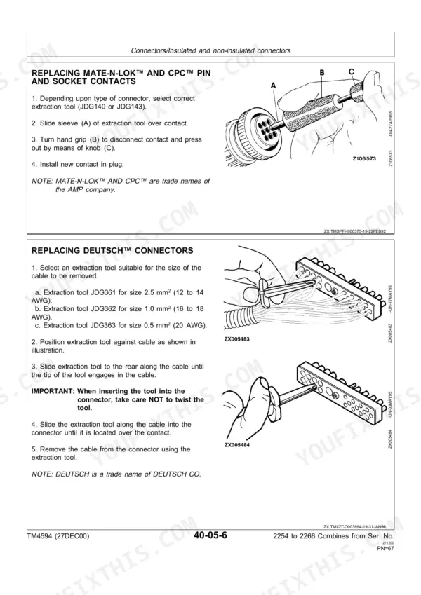John Deere 2254-2266 combine connector pin and socket contact replacement