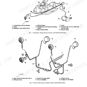 John Deere 2350 and 2550 tractor transmission wiring harness and ground cable illustration from the Technical Manual