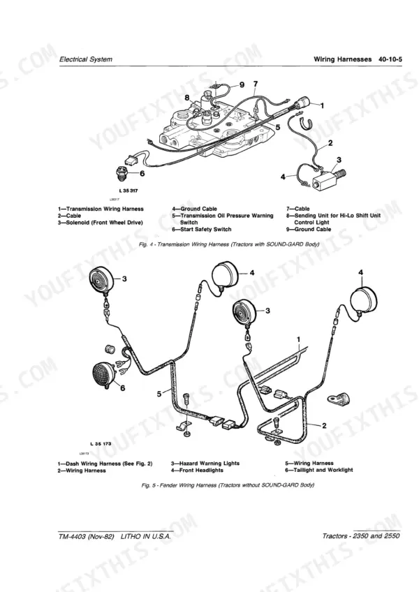 John_Deere_2350_2550_Tractor_Technical_Manual_TM4403.pdf-electrical-harnesses-instruments-lighting-315-1.webp John Deere 2350 and 2550 tractor transmission wiring harness and ground cable illustration from the Technical Manual