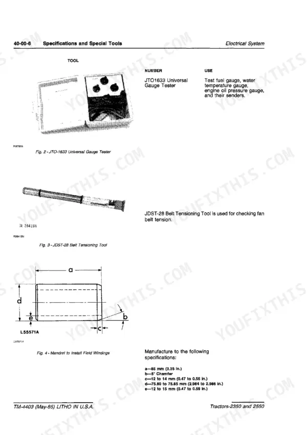 John Deere 2350 and 2550 electrical system specifications and special tools page