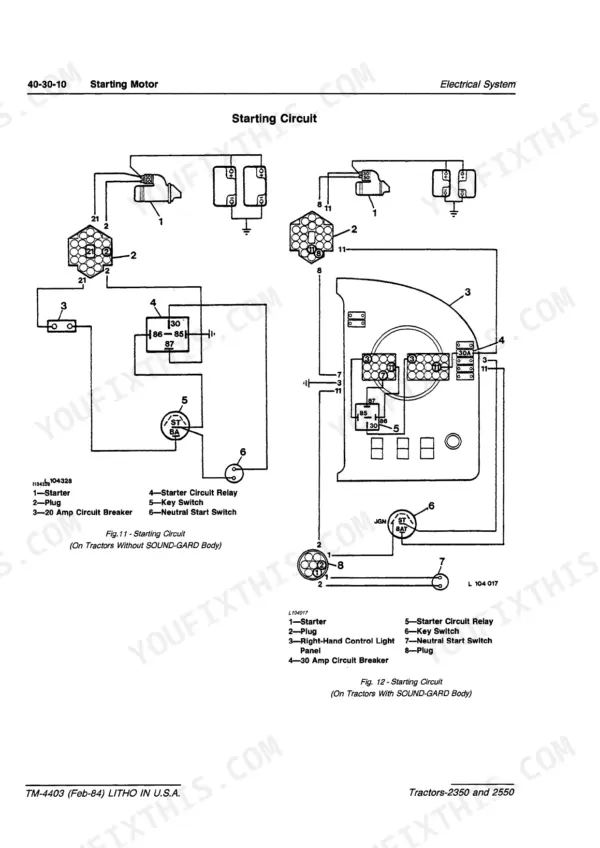John Deere 2350 and 2550 starting circuit diagram from the starting motor group