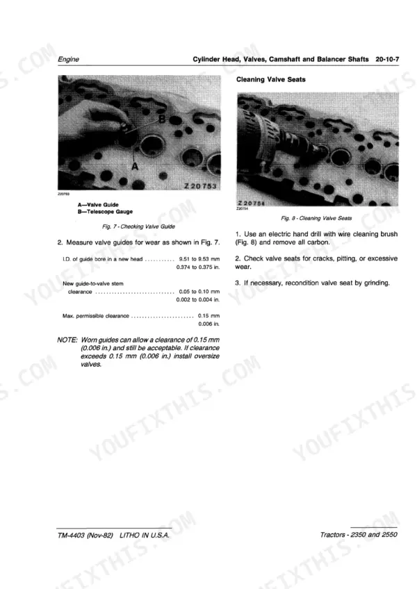 John Deere 2350 and 2550 cylinder head valve seat cleaning illustration