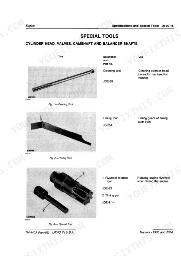 John Deere 2350 and 2550 engine special tools for cylinder head, valves and camshaft