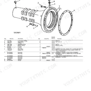 John Deere 300D, 310D, 315D backhoe loader exploded view of the rear axle housing with parts list