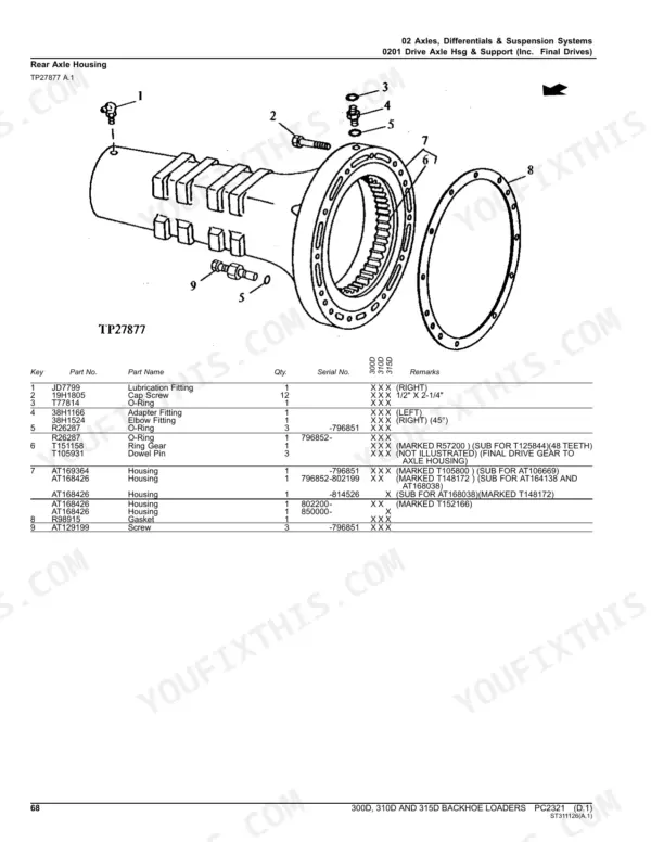 John_Deere_300D_310D_315D_Parts_Catalog_Backhoe_Loader_PC2321.pdf-axles-differential-and-mfwd-68.webp John Deere 300D, 310D, 315D backhoe loader exploded view of the rear axle housing with parts list