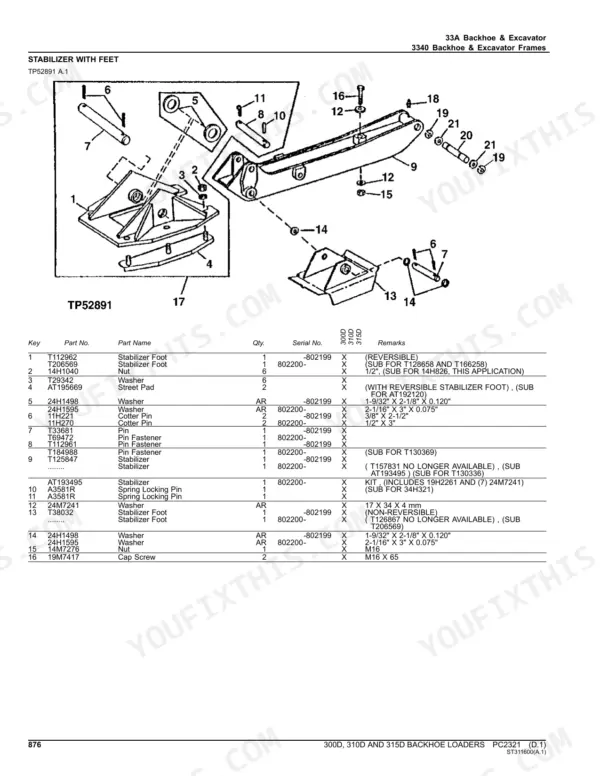 John Deere 300D, 310D, 315D backhoe loader exploded view of the stabilizer with feet