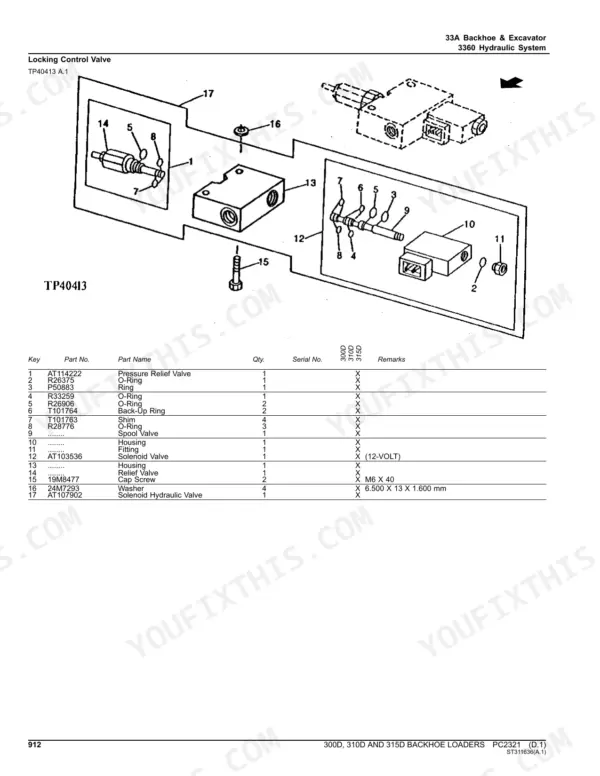 John Deere 300D, 310D, 315D backhoe loader exploded view of the backhoe locking control valve