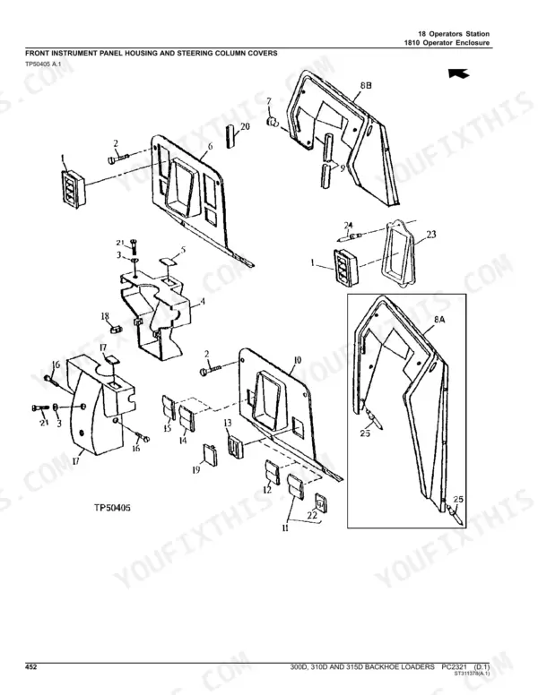 John Deere 300D, 310D, 315D backhoe loader exploded view of the front instrument panel housing and steering column covers
