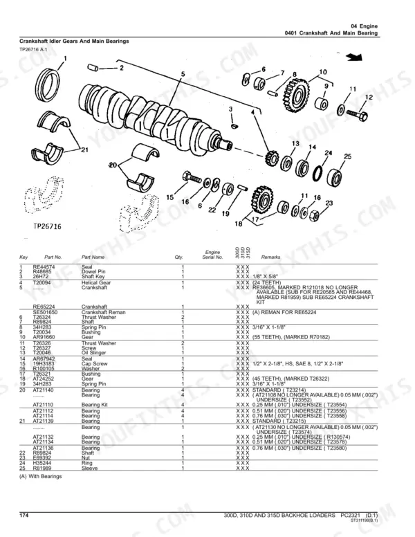 John Deere 300D, 310D, 315D backhoe loader exploded view of the engine crankshaft, idler gears and main bearings